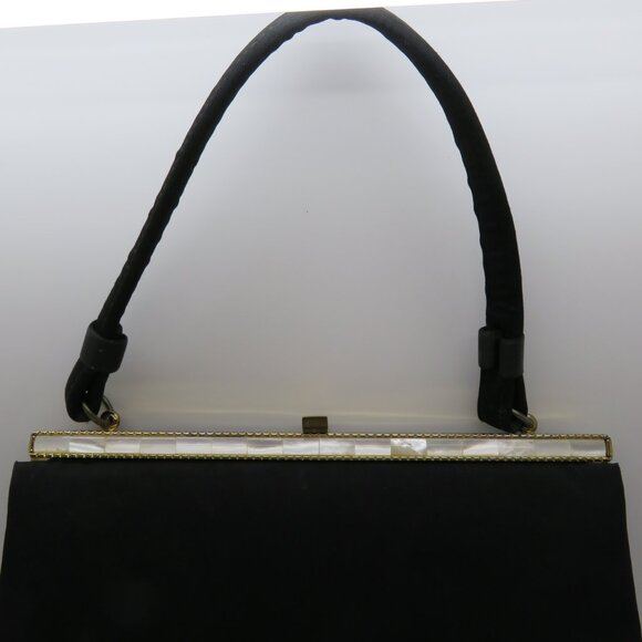 Vintage Handheld Black Satin Purse Bag After Five Mother Pearl Frame Top Handle - Picture 3 of 16